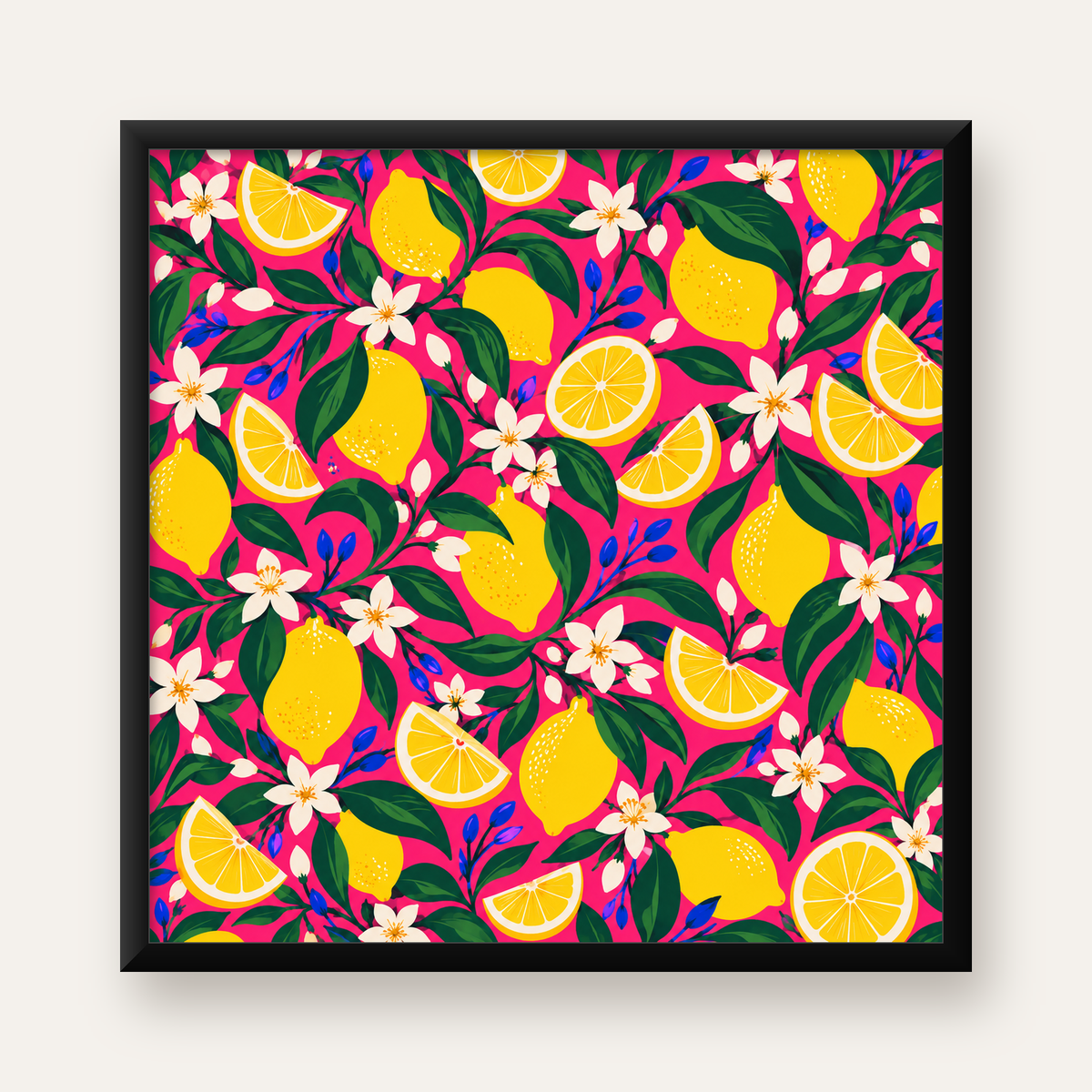 Limon ve Çiçek Desenli Pembe Dijital Poster – Canlı ve Modern — Kare baskı, düz siyah çerçeveli duvar posteri