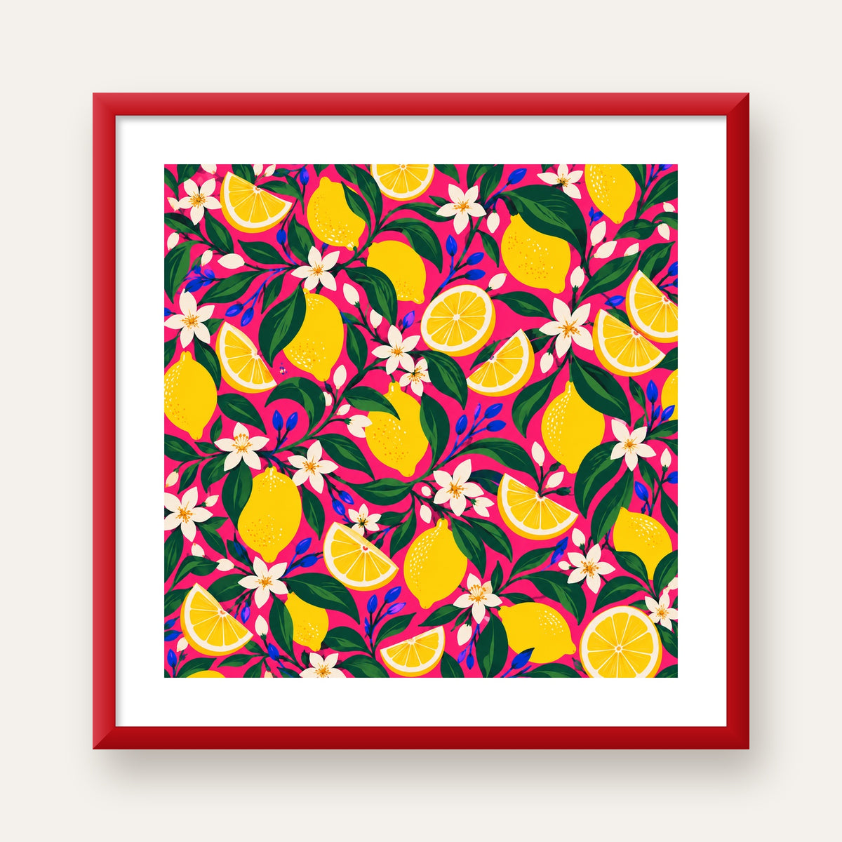Limon ve Çiçek Desenli Canlı Pembe Modern Sanat Poster — kırmızı çerçeveli paspartulu