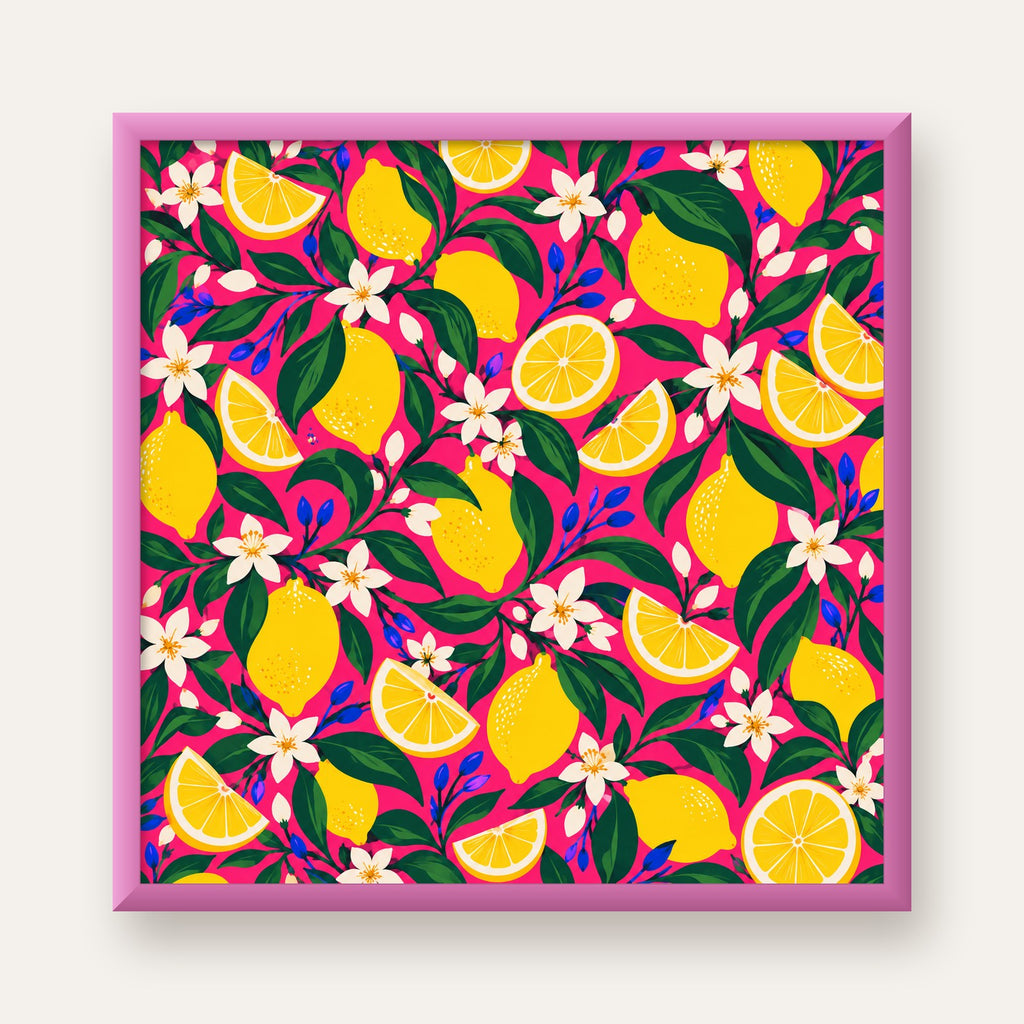 Limon ve Çiçek Desenli Canlı Pembe Modern Sanat Poster — pembe çerçeveli