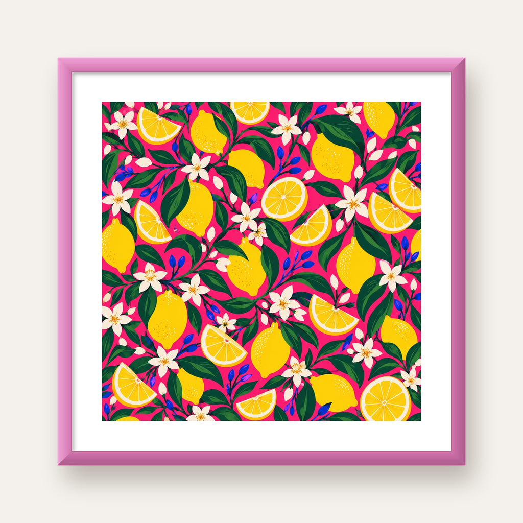 Limon ve Çiçek Desenli Canlı Pembe Modern Sanat Poster — pembe çerçeveli paspartulu