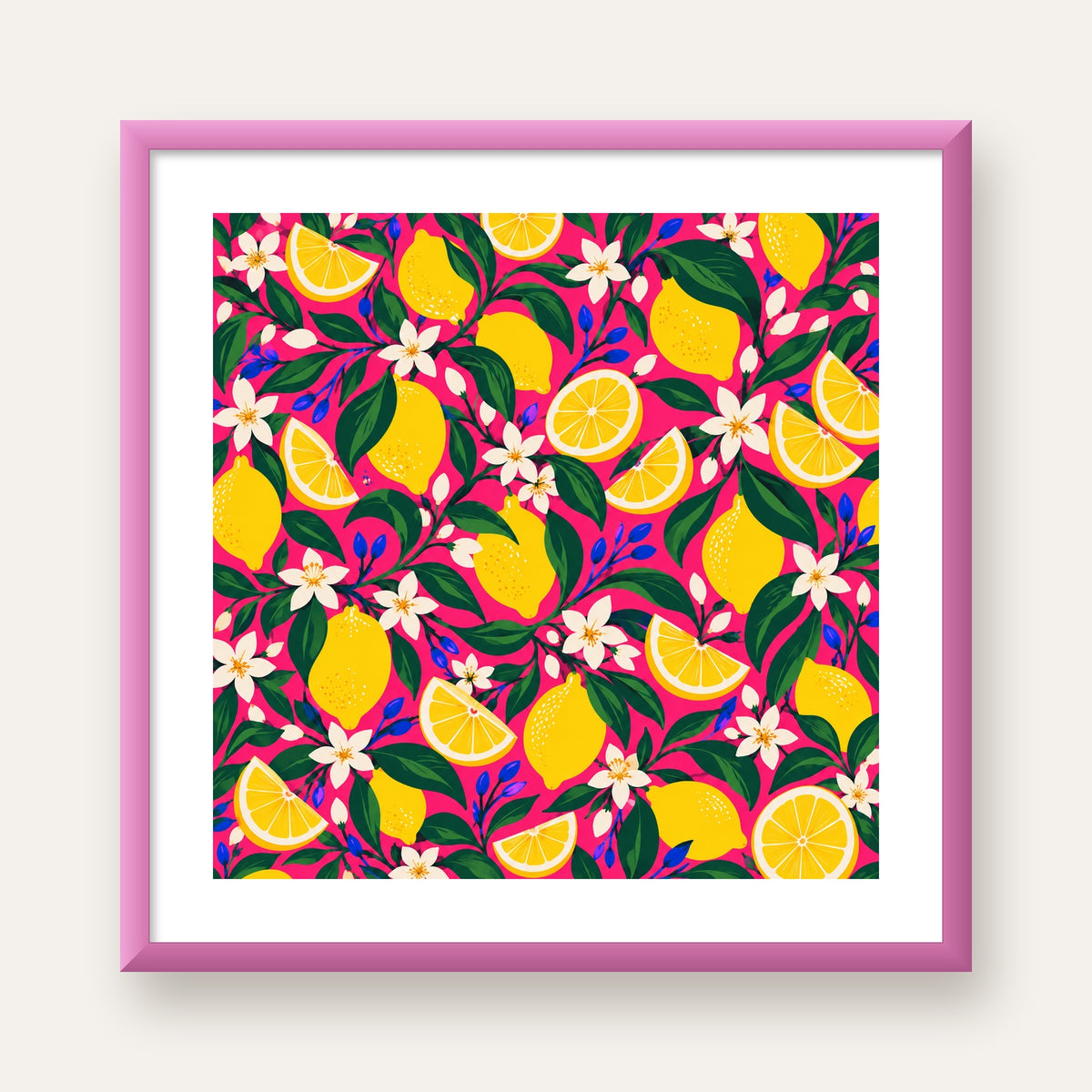 Limon ve Çiçek Desenli Canlı Pembe Modern Sanat Poster — pembe çerçeveli paspartulu