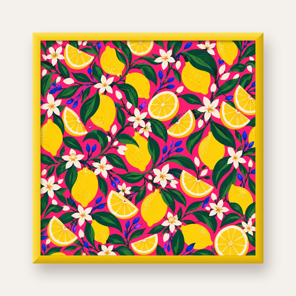 Limon ve Çiçek Desenli Canlı Pembe Modern Sanat Poster — sarı çerçeveli