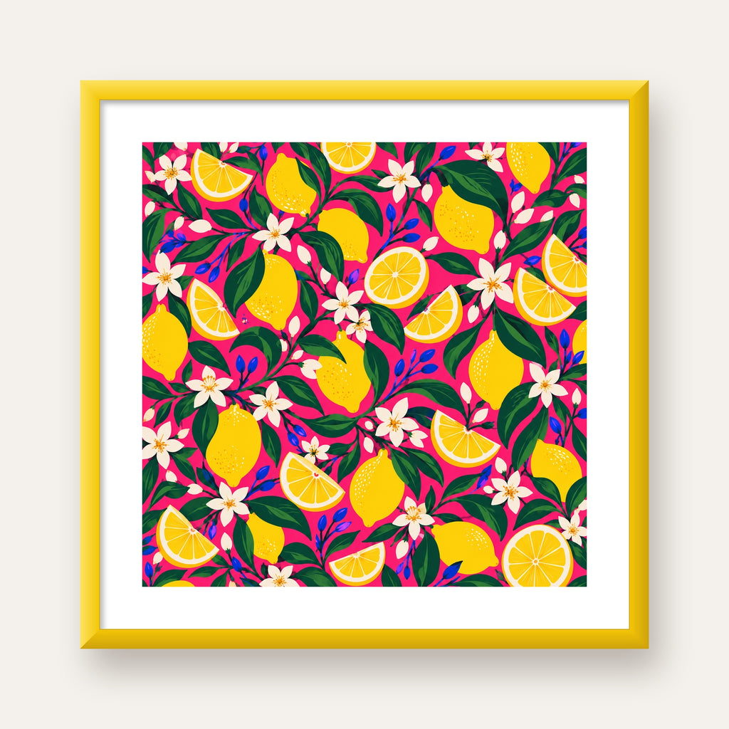 Limon ve Çiçek Desenli Canlı Pembe Modern Sanat Poster — sarı çerçeveli paspartulu