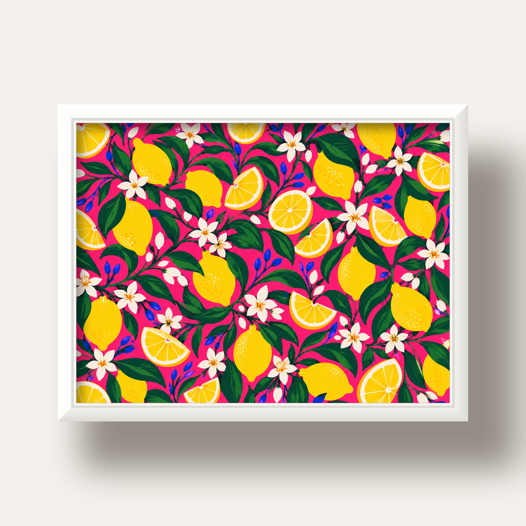 Limon ve Çiçek Desenli Canlı Pembe Modern Sanat Poster — beyaz derin çerçeveli