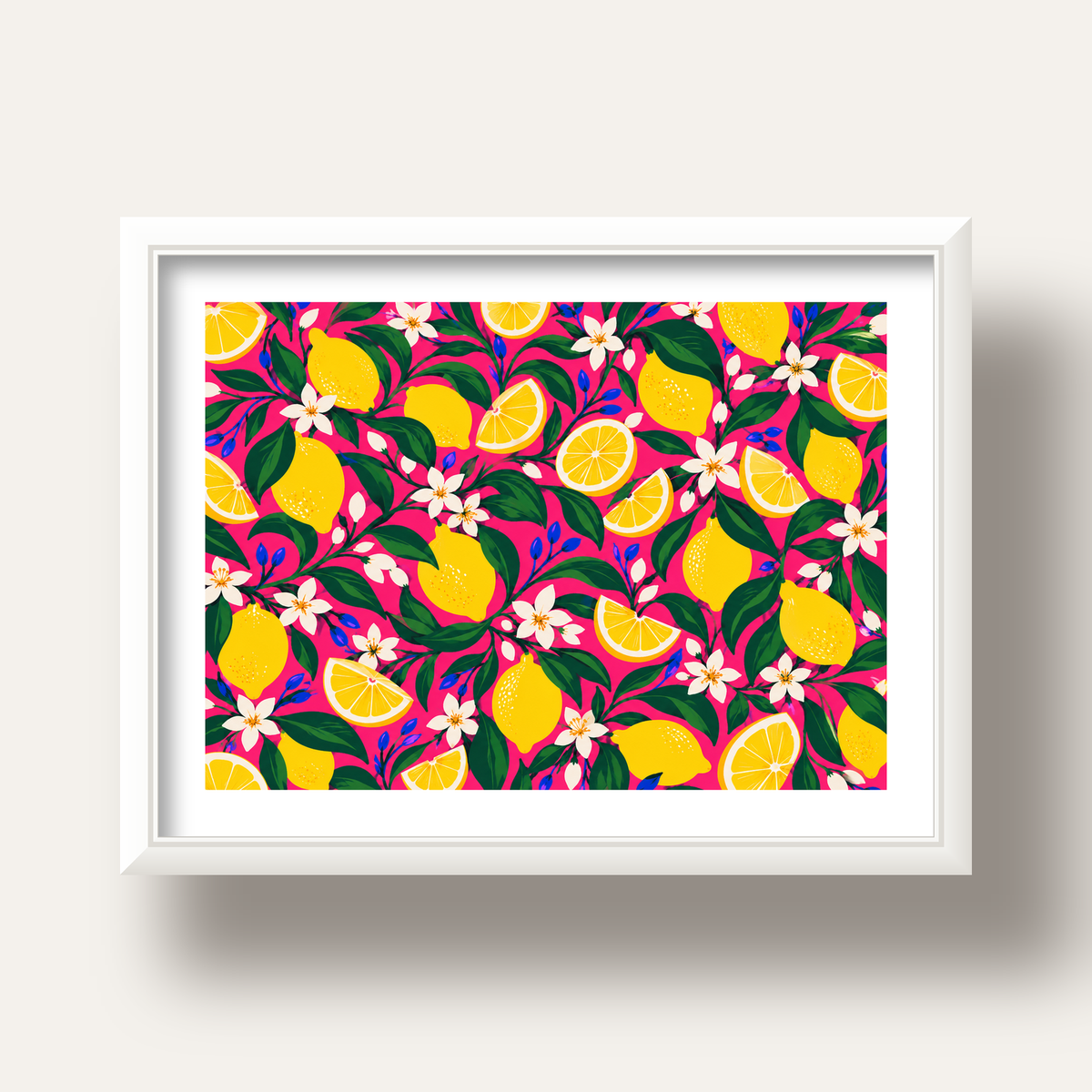 Limon ve Çiçek Desenli Canlı Pembe Modern Sanat Poster — beyaz derin çerçeveli paspartulu
