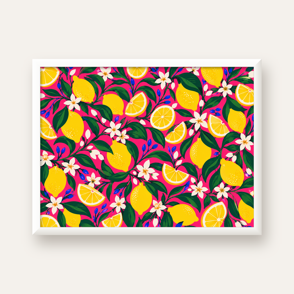 Limon ve Çiçek Desenli Canlı Pembe Modern Sanat Poster — beyaz çerçeveli yatay poster