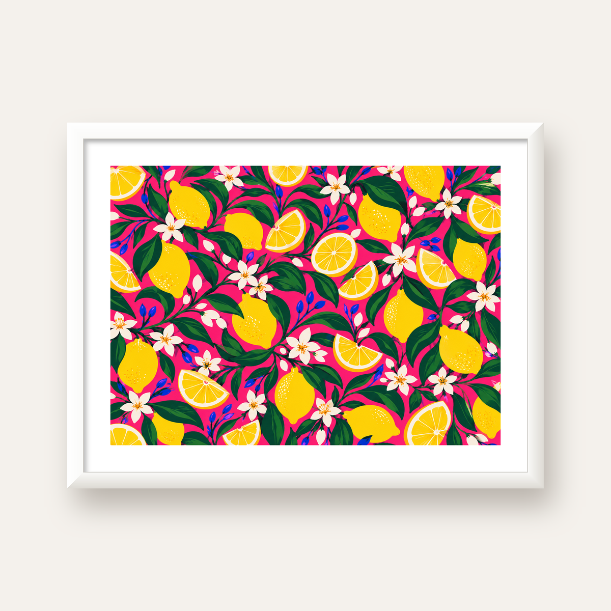 Limon ve Çiçek Desenli Canlı Pembe Modern Sanat Poster — beyaz çerçeveli yatay poster