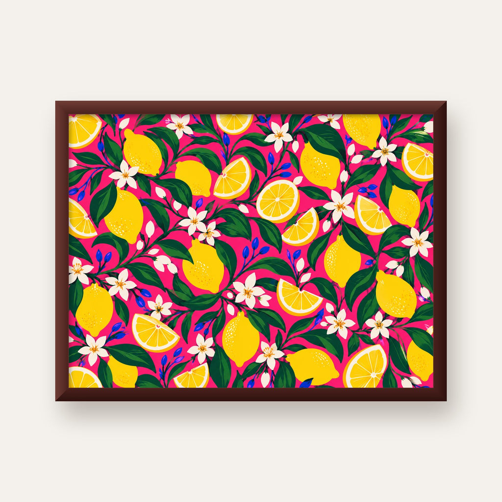 Limon ve Çiçek Desenli Canlı Pembe Modern Sanat Poster — ceviz çerçeveli