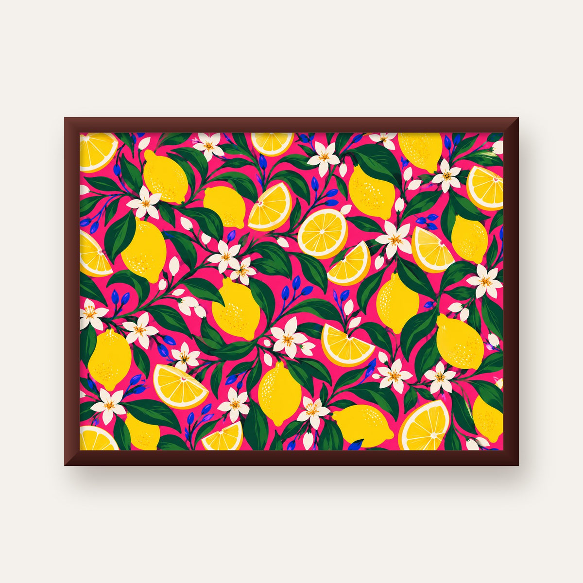 Limon ve Çiçek Desenli Canlı Pembe Modern Sanat Poster — ceviz çerçeveli