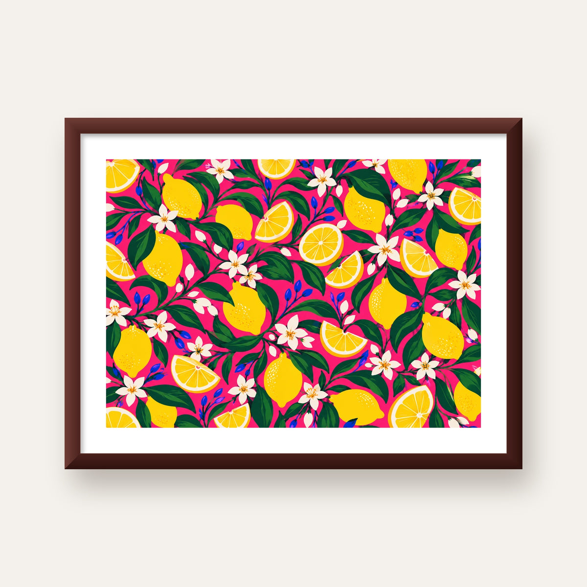 Limon ve Çiçek Desenli Canlı Pembe Modern Sanat Poster — ceviz çerçeveli paspartulu