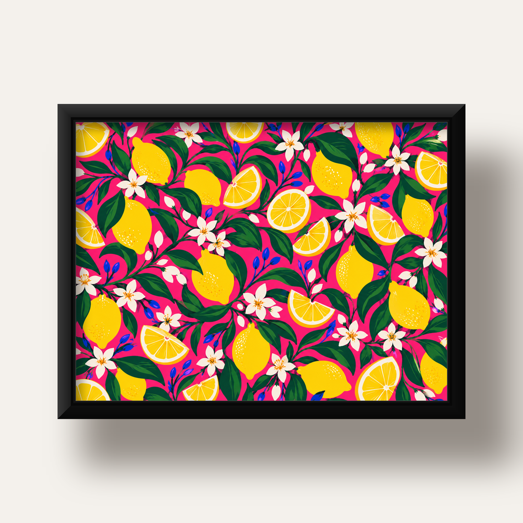 Limon ve Çiçek Desenli Canlı Pembe Modern Sanat Poster — siyah derin çerçeveli