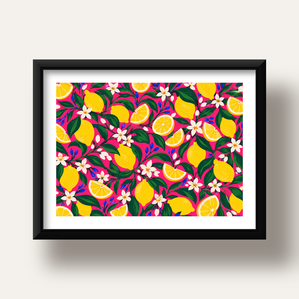 Limon ve Çiçek Desenli Canlı Pembe Modern Sanat Poster — siyah derin çerçeveli paspartulu
