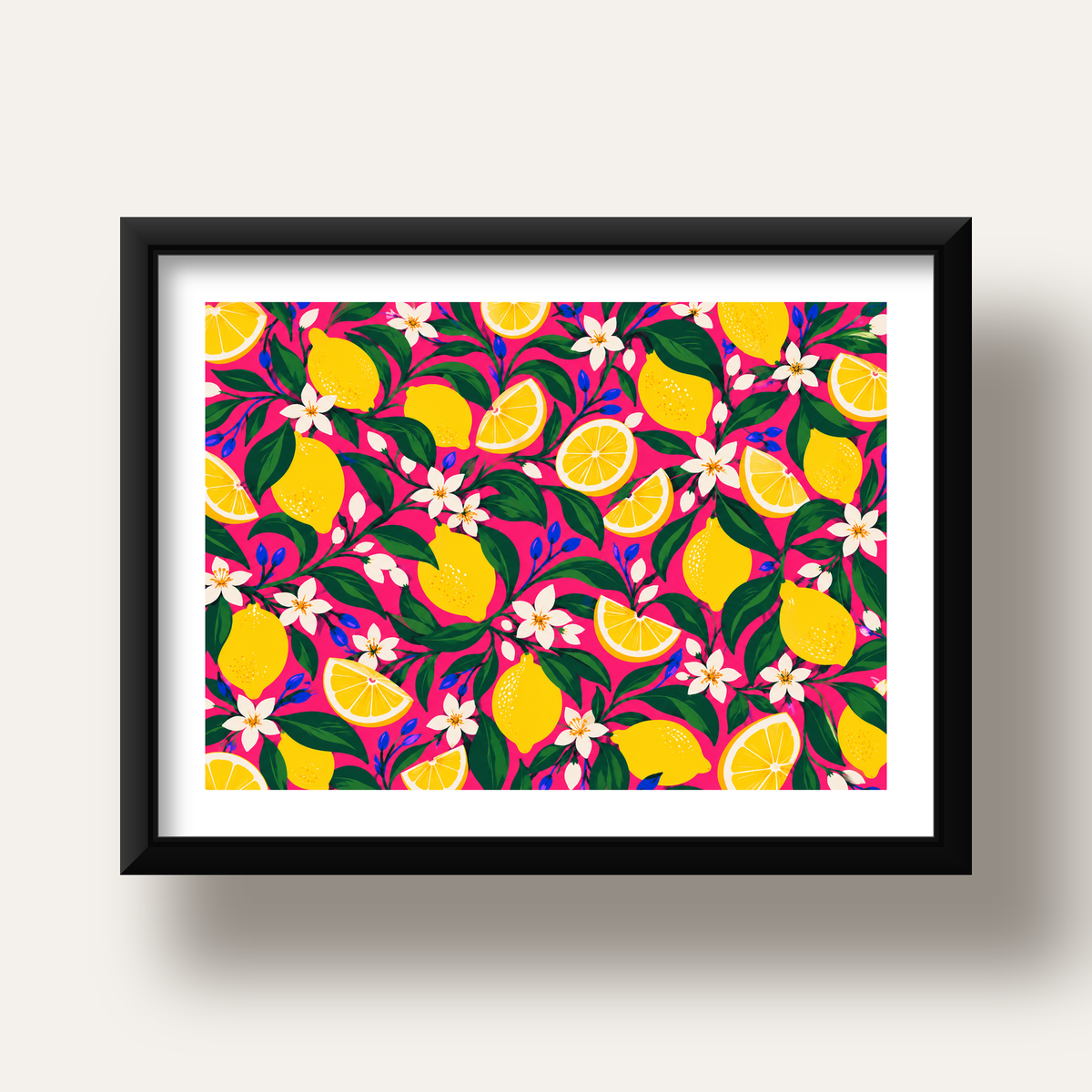 Limon ve Çiçek Desenli Canlı Pembe Modern Sanat Poster — siyah derin çerçeveli paspartulu
