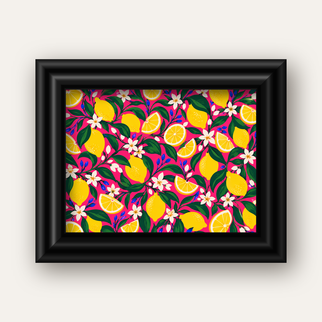 Limon ve Çiçek Desenli Canlı Pembe Modern Sanat Poster — siyah galeri çerçeveli