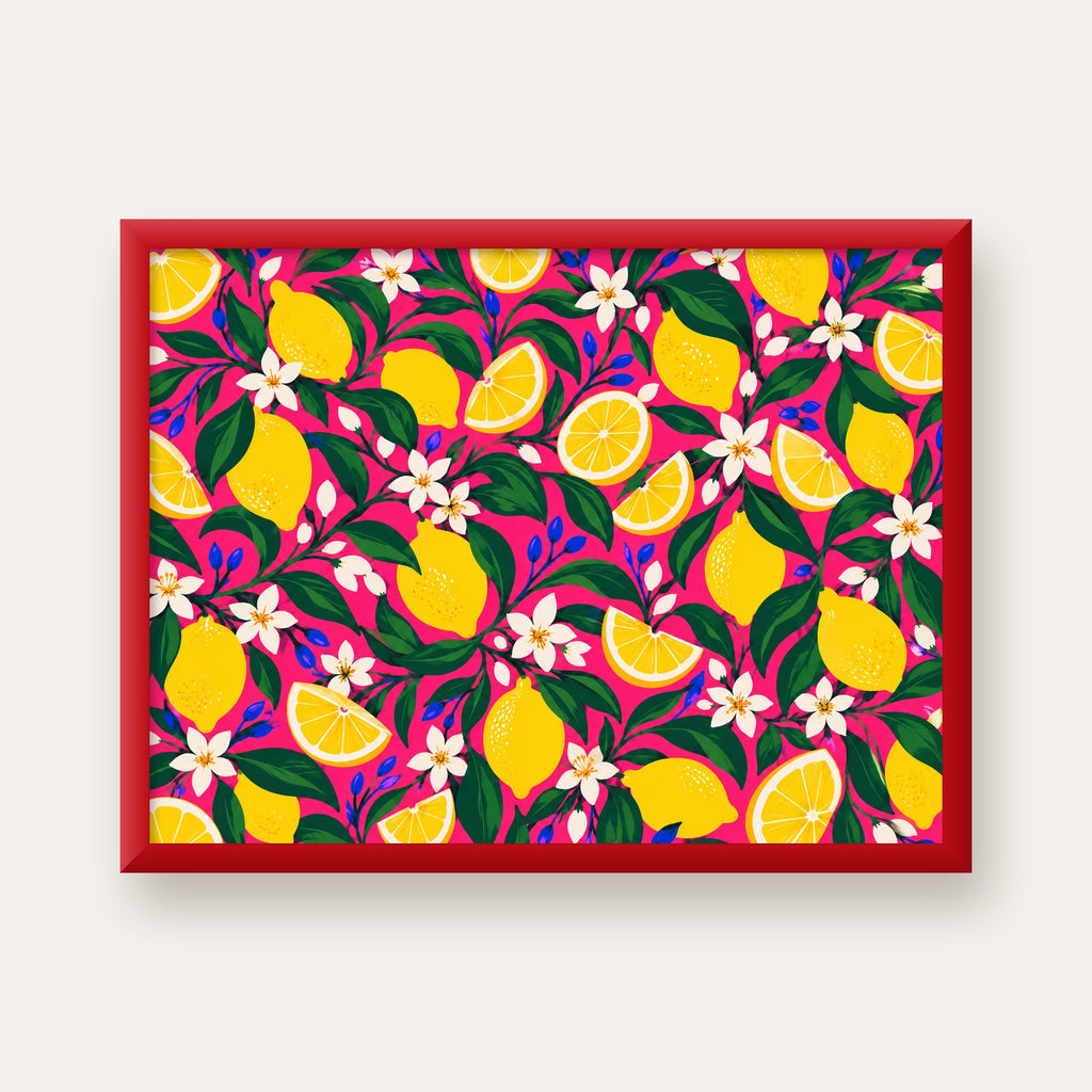 Limon ve Çiçek Desenli Canlı Pembe Modern Sanat Poster — kırmızı çerçeveli