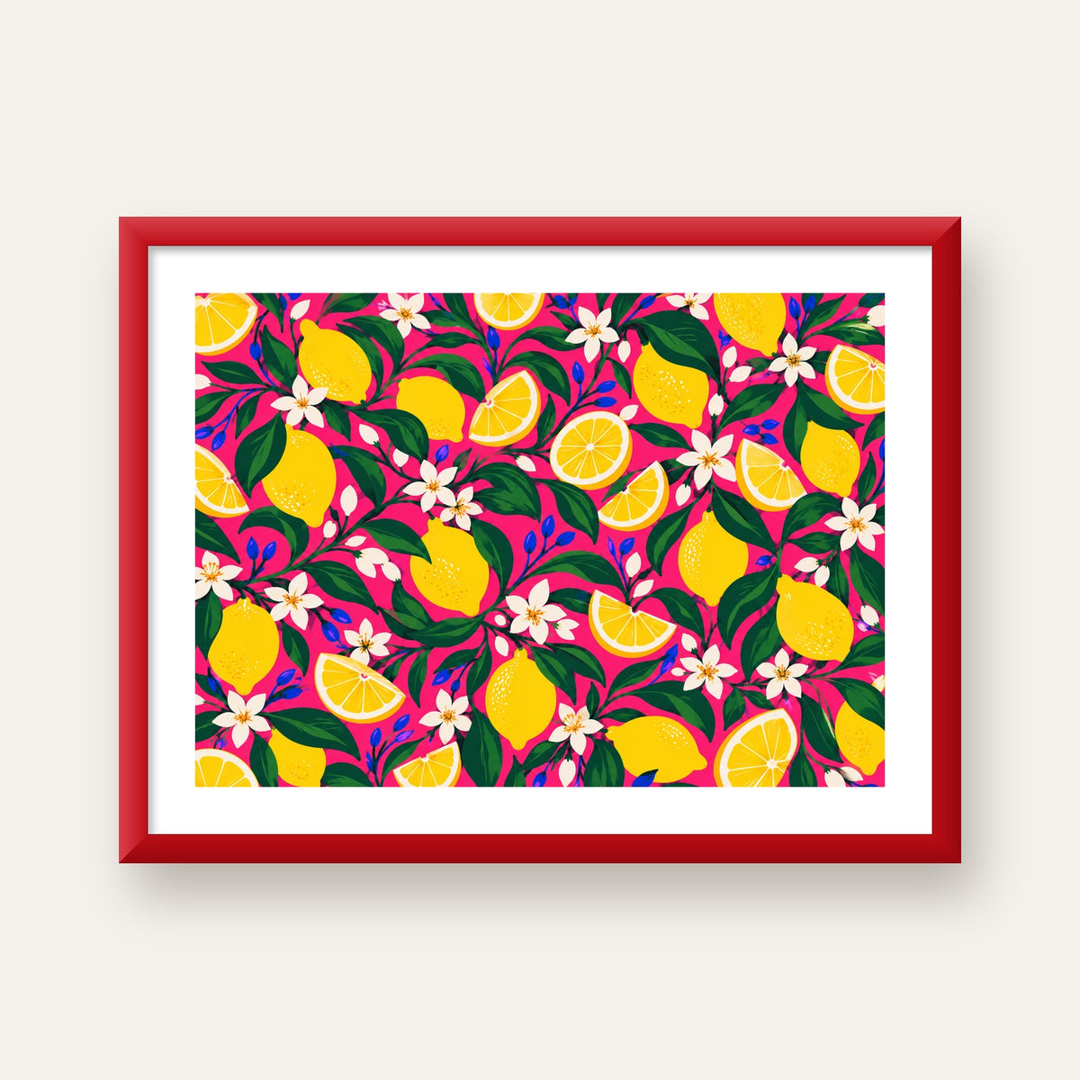 Limon ve Çiçek Desenli Canlı Pembe Modern Sanat Poster — kırmızı çerçeveli paspartulu