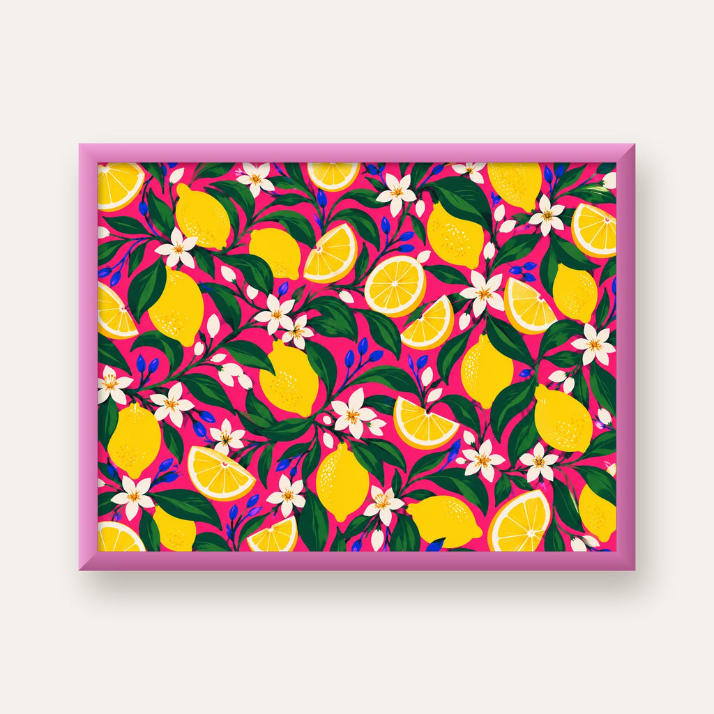 Limon ve Çiçek Desenli Canlı Pembe Modern Sanat Poster — pembe çerçeveli