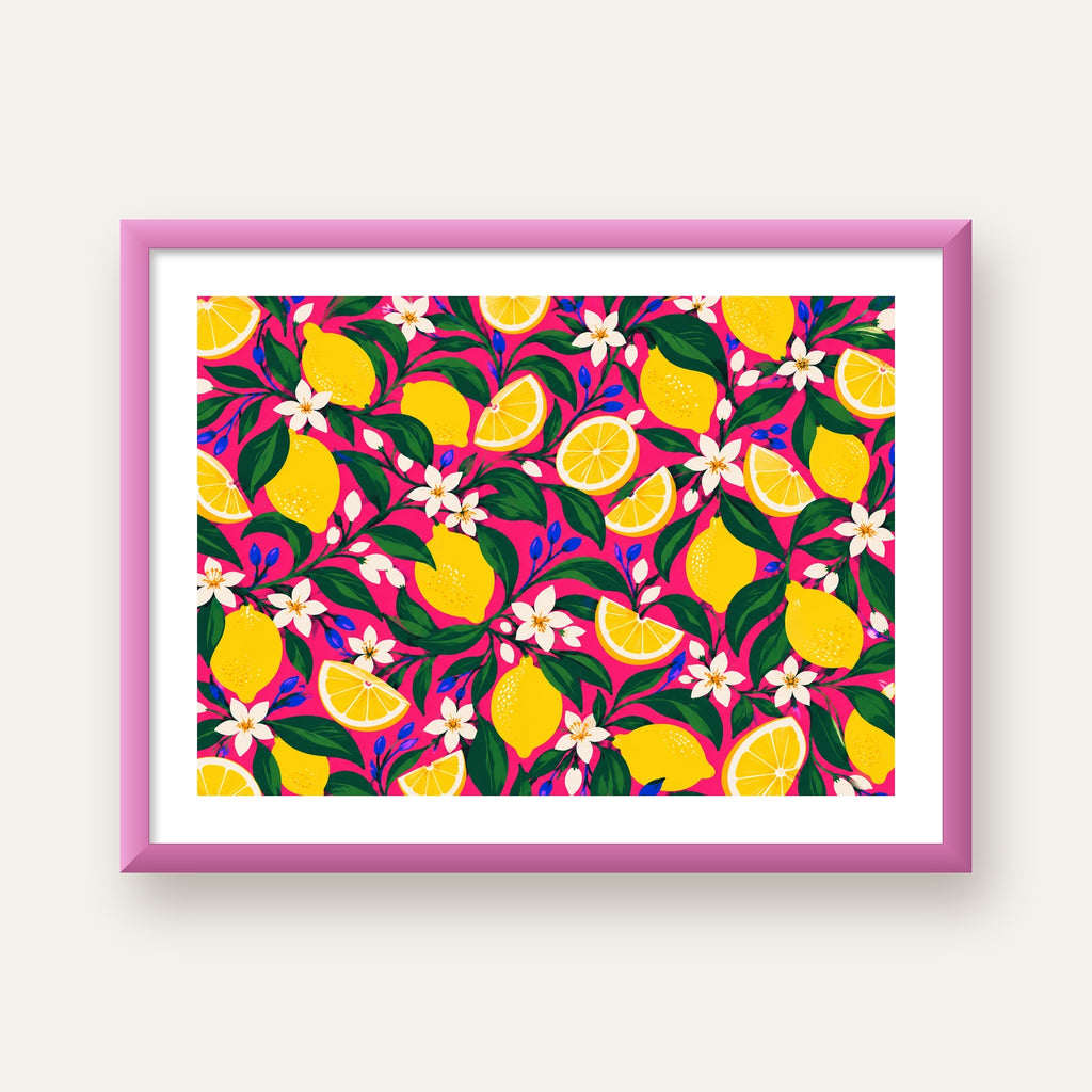 Limon ve Çiçek Desenli Canlı Pembe Modern Sanat Poster — pembe çerçeveli paspartulu