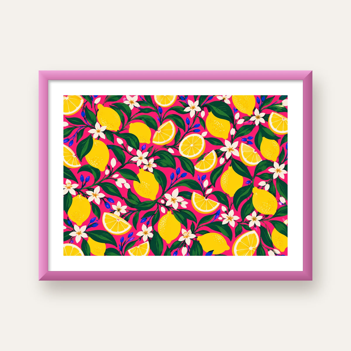 Limon ve Çiçek Desenli Canlı Pembe Modern Sanat Poster — pembe çerçeveli paspartulu