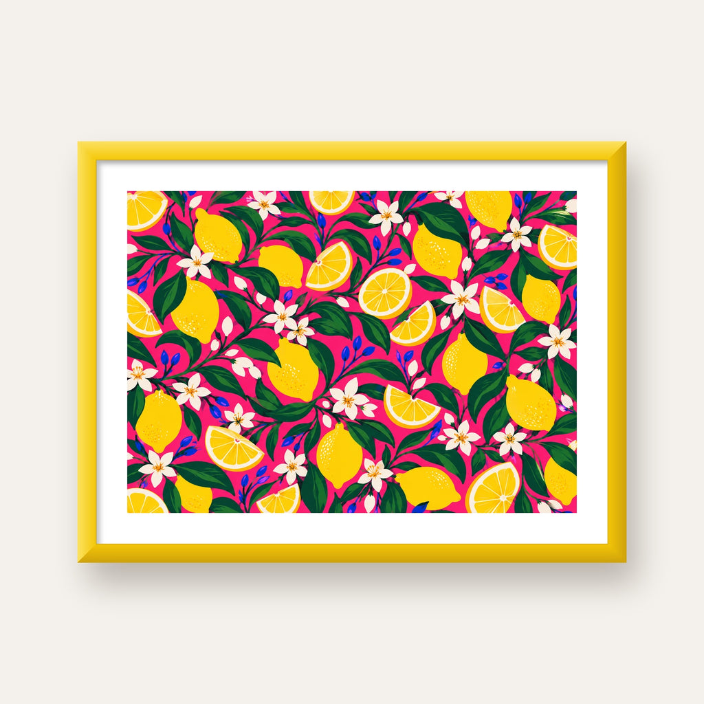Limon ve Çiçek Desenli Canlı Pembe Modern Sanat Poster — sarı çerçeveli paspartulu