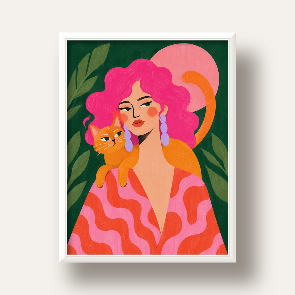Pembe Saçlı Kadın ve Turuncu Kedi İllüstrasyon Poster — beyaz derin çerçeveli