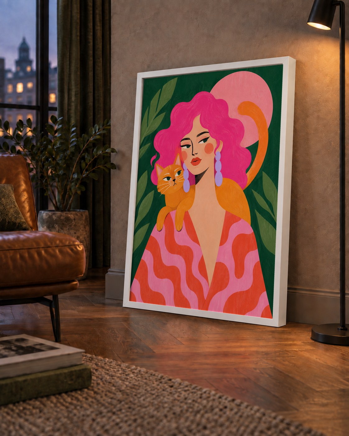 Pembe Saçlı Kadın ve Turuncu Kedi İllüstrasyon Poster — çerçeveli hâliyle bir ev duvarında