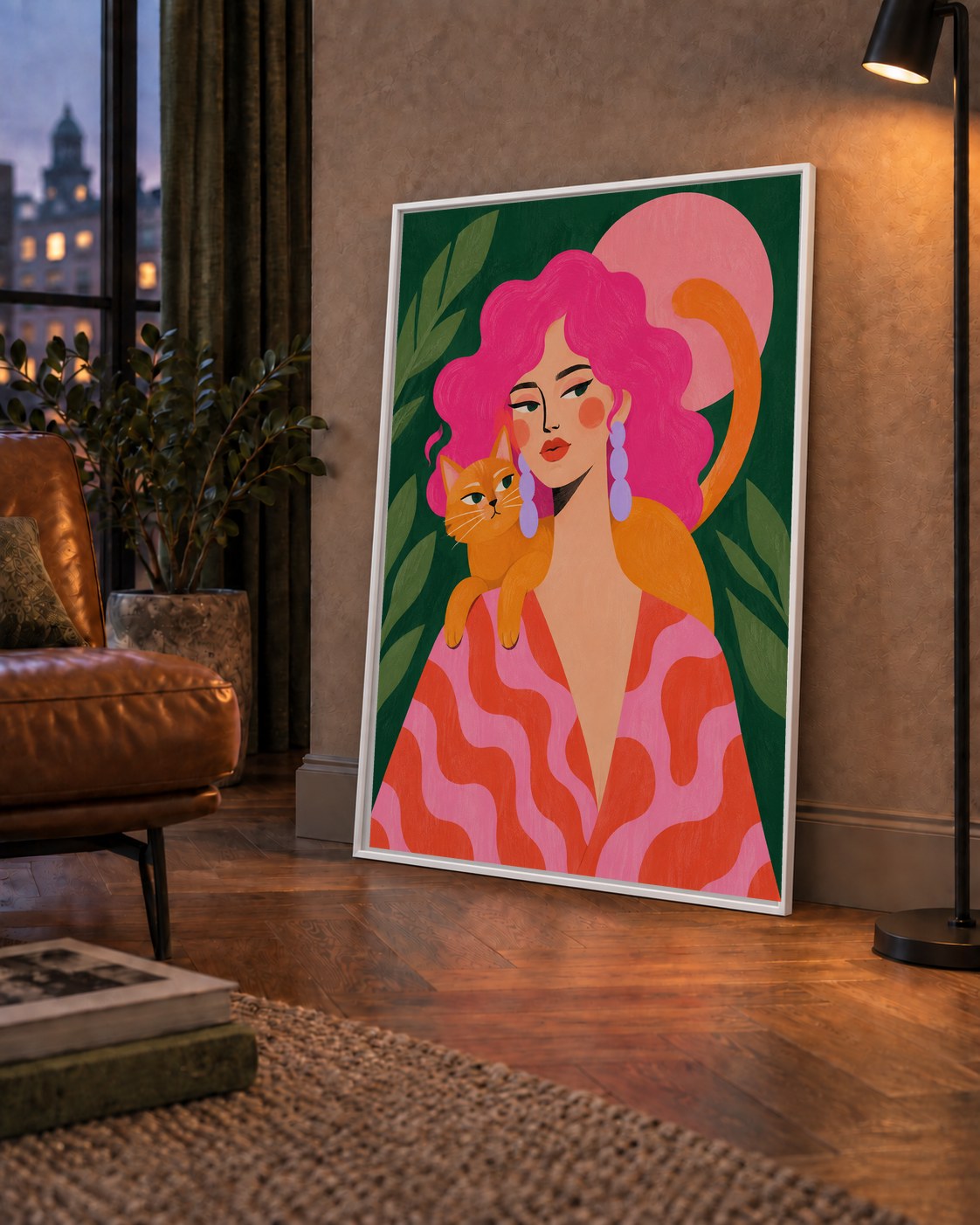 Pembe Saçlı Kadın ve Turuncu Kedi İllüstrasyon Poster — çerçeveli hâliyle bir ev duvarında