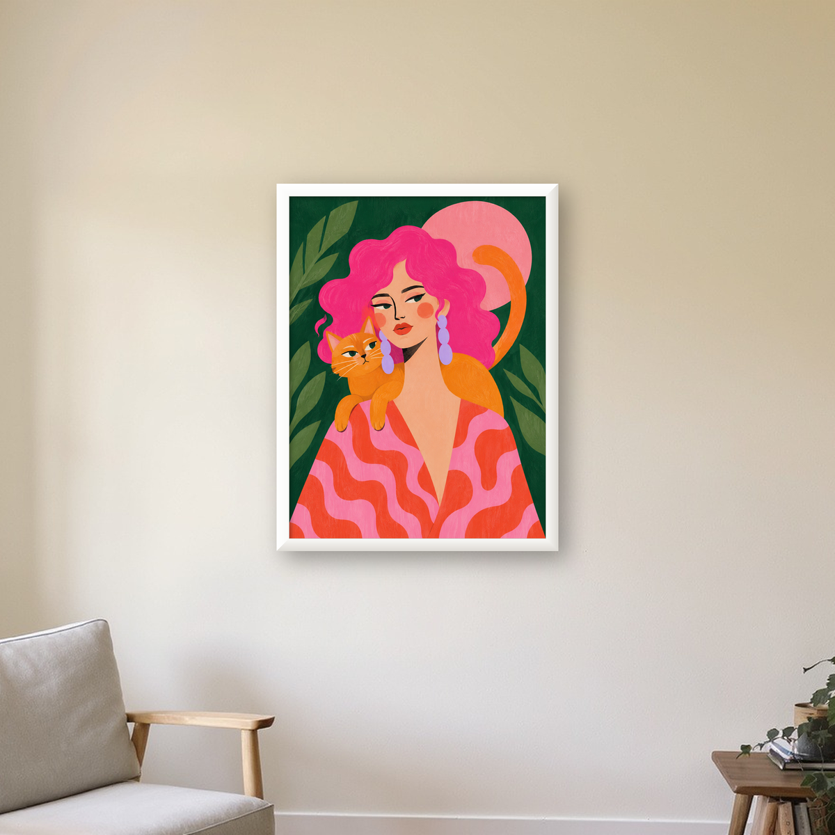 Pembe Saçlı Kadın ve Turuncu Kedi İllüstrasyon Poster — beyaz çerçeveli dikey poster