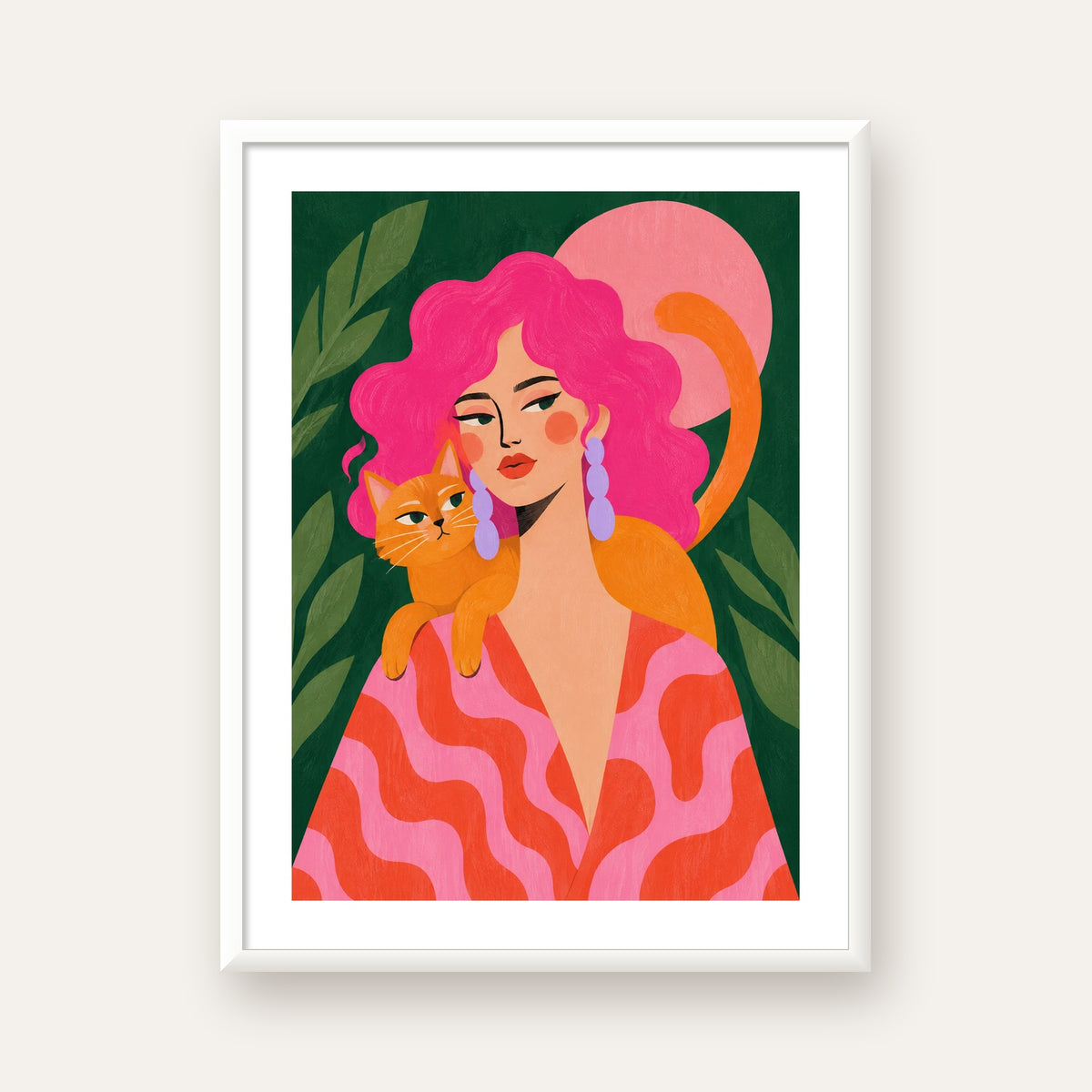 Pembe Saçlı Kadın ve Turuncu Kedi İllüstrasyon Poster — beyaz çerçeveli dikey poster