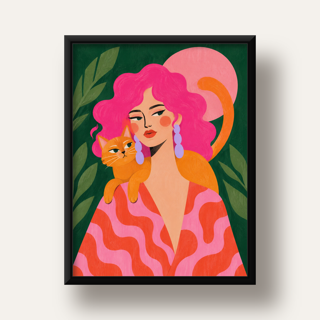 Pembe Saçlı Kadın ve Turuncu Kedi İllüstrasyon Poster — siyah derin çerçeveli