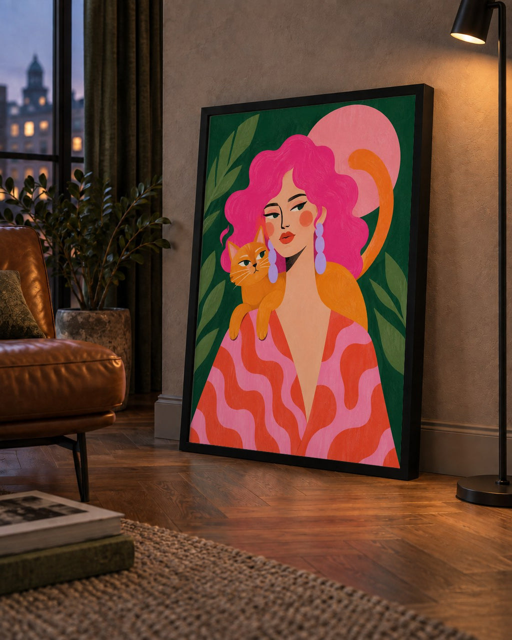 Pembe Saçlı Kadın ve Turuncu Kedi İllüstrasyon Poster — çerçeveli hâliyle bir ev duvarında