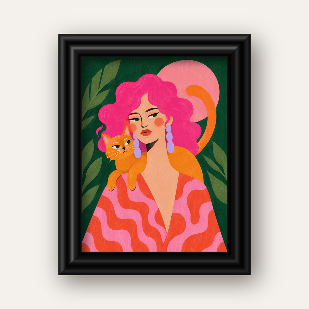 Pembe Saçlı Kadın ve Turuncu Kedi İllüstrasyon Poster — siyah galeri çerçeveli