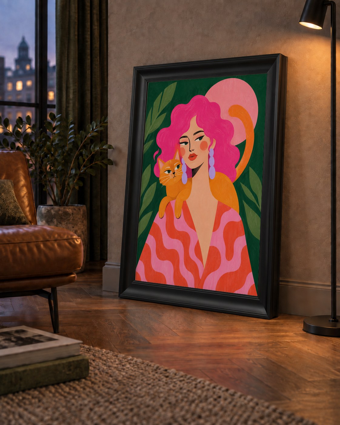 Pembe Saçlı Kadın ve Turuncu Kedi İllüstrasyon Poster — çerçeveli hâliyle bir ev duvarında