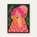 Pembe Saçlı Kadın ve Turuncu Kedi İllüstrasyon Poster — Dikey baskı, düz siyah çerçeveli duvar posteri