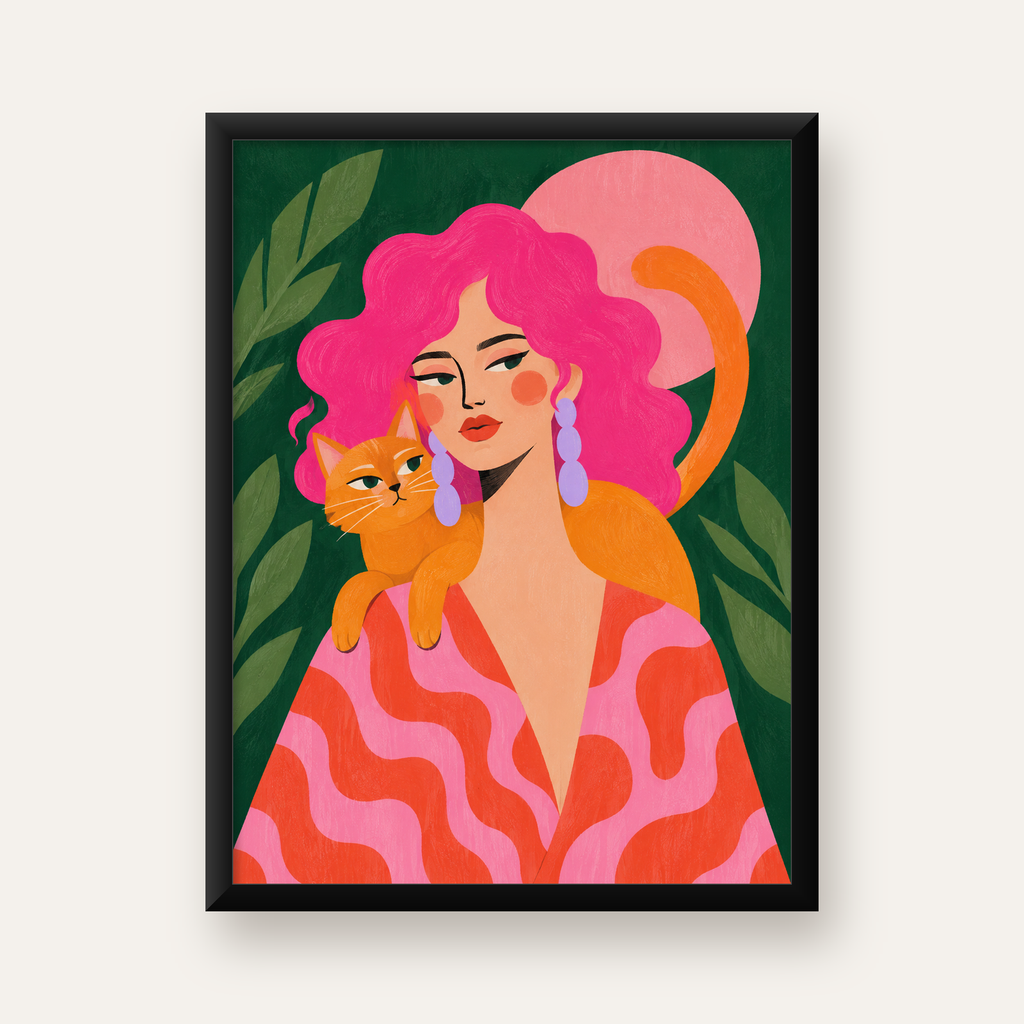 Pembe Saçlı Kadın ve Turuncu Kedi İllüstrasyon Poster — Dikey baskı, düz siyah çerçeveli duvar posteri
