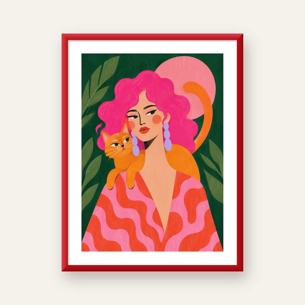 Pembe Saçlı Kadın ve Turuncu Kedi İllüstrasyon Poster — kırmızı çerçeveli paspartulu