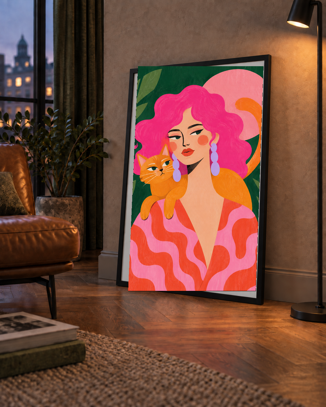 Pembe Saçlı Kadın ve Turuncu Kedi İllüstrasyon Poster