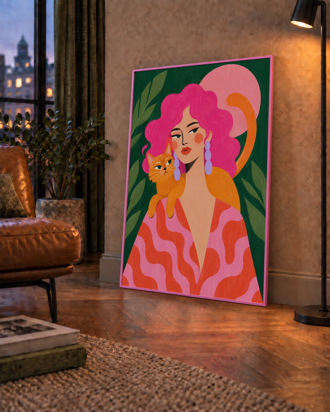 Pembe Saçlı Kadın ve Turuncu Kedi İllüstrasyon Poster — çerçeveli hâliyle bir ev duvarında