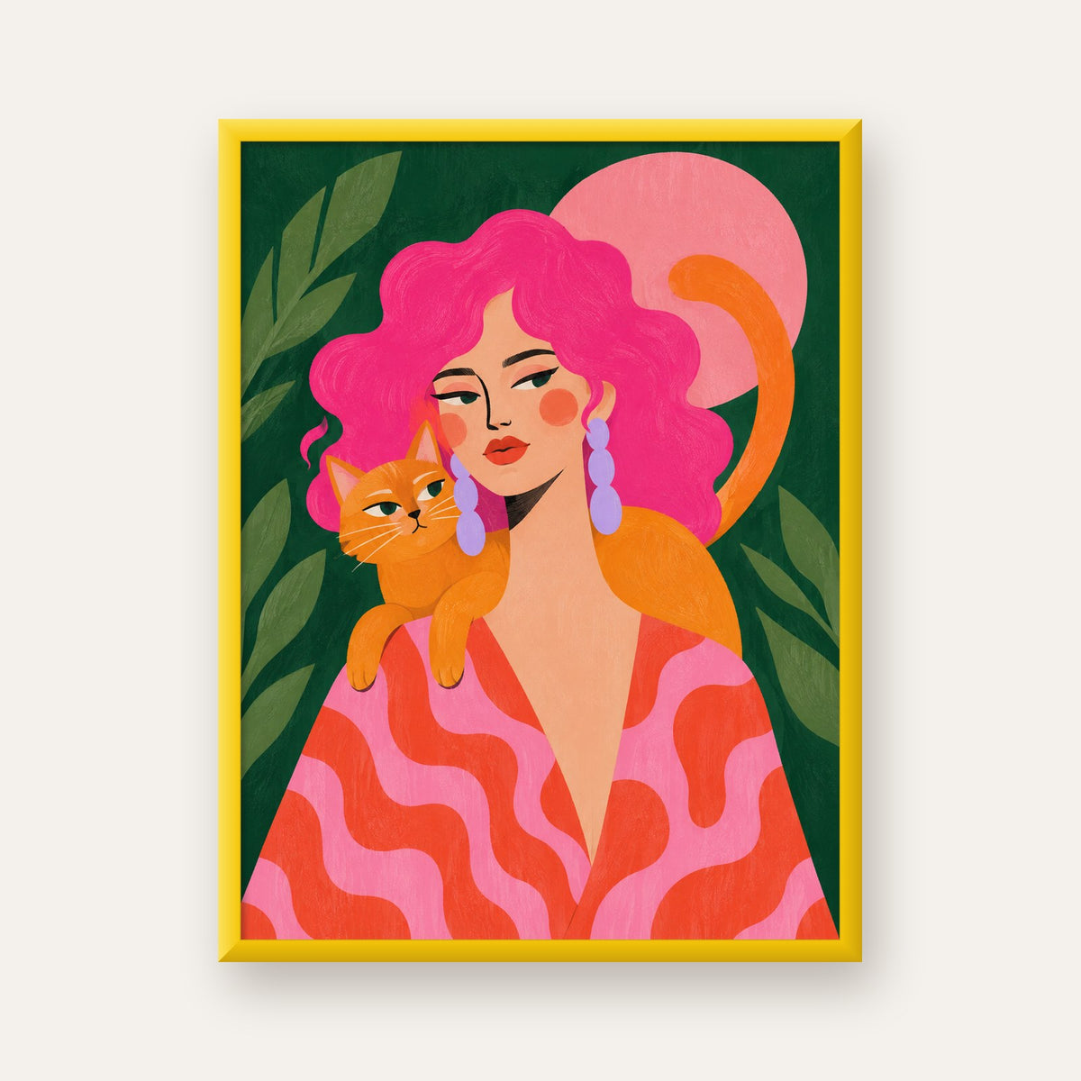 Pembe Saçlı Kadın ve Turuncu Kedi İllüstrasyon Poster — sarı çerçeveli