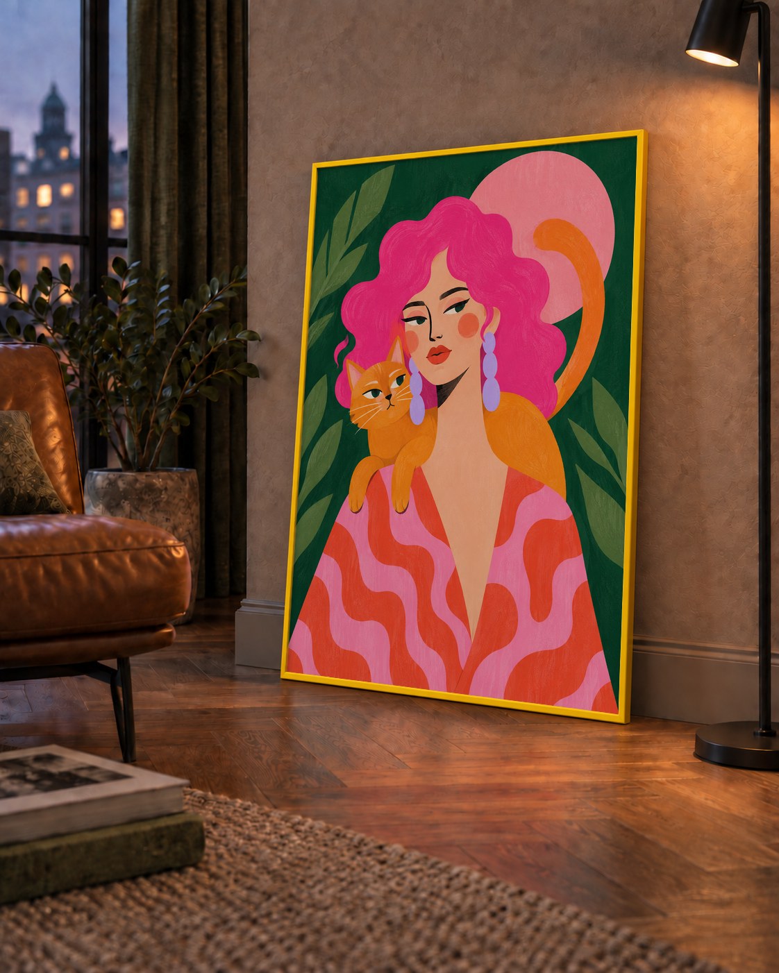 Pembe Saçlı Kadın ve Turuncu Kedi İllüstrasyon Poster — çerçeveli hâliyle bir ev duvarında