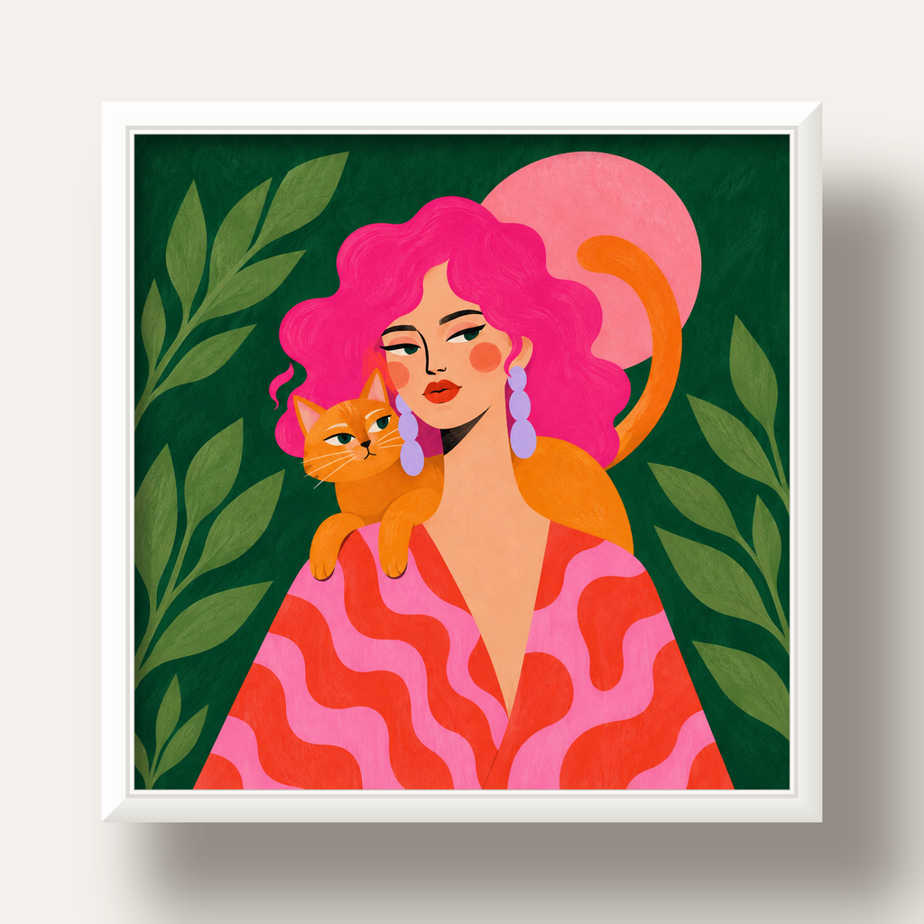 Pembe Saçlı Kadın ve Turuncu Kedi İllüstrasyon Poster — beyaz derin çerçeveli