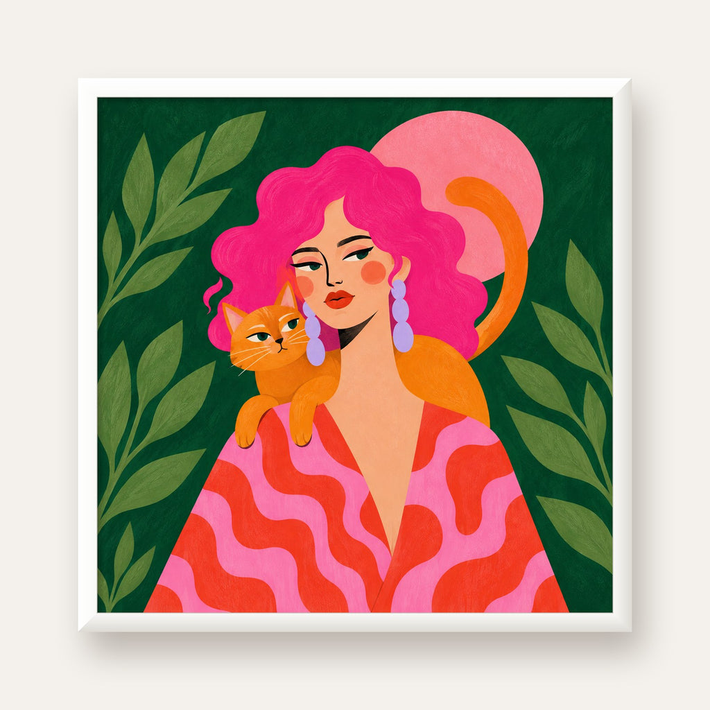 Pembe Saçlı Kadın ve Turuncu Kedi İllüstrasyon Poster — beyaz çerçeveli kare poster