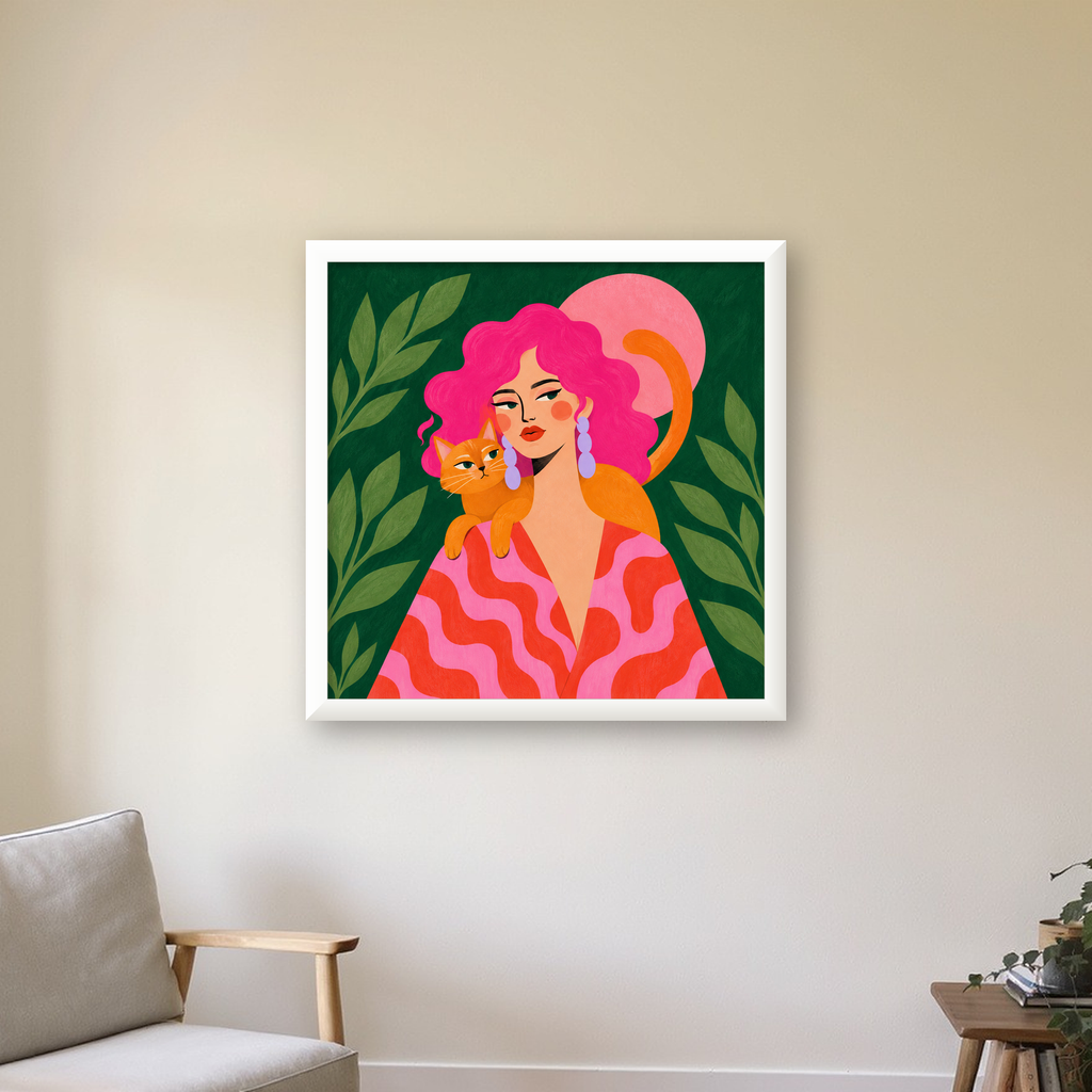 Pembe Saçlı Kadın ve Turuncu Kedi İllüstrasyon Poster — beyaz çerçeveli kare poster