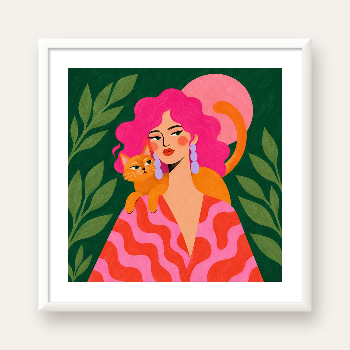 Pembe Saçlı Kadın ve Turuncu Kedi İllüstrasyon Poster — beyaz çerçeveli kare poster