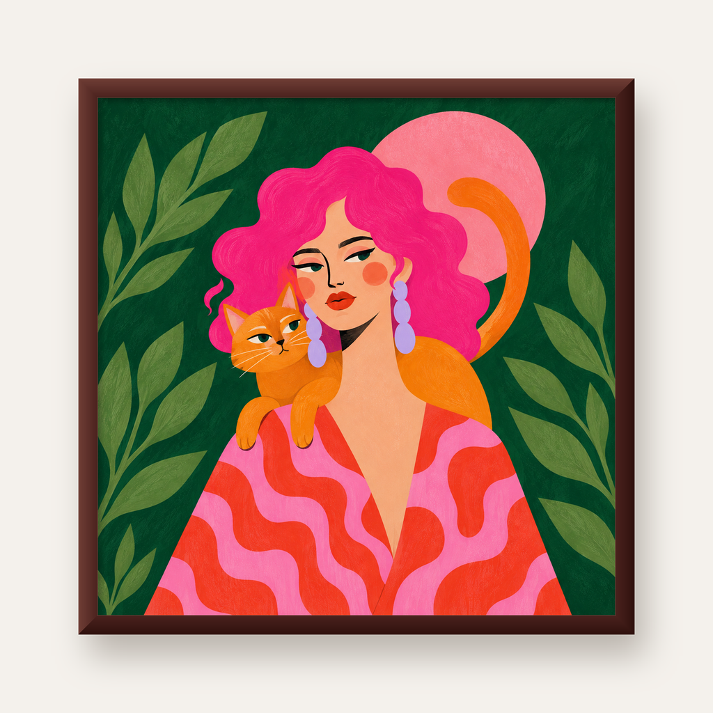 Pembe Saçlı Kadın ve Turuncu Kedi İllüstrasyon Poster — ceviz çerçeveli