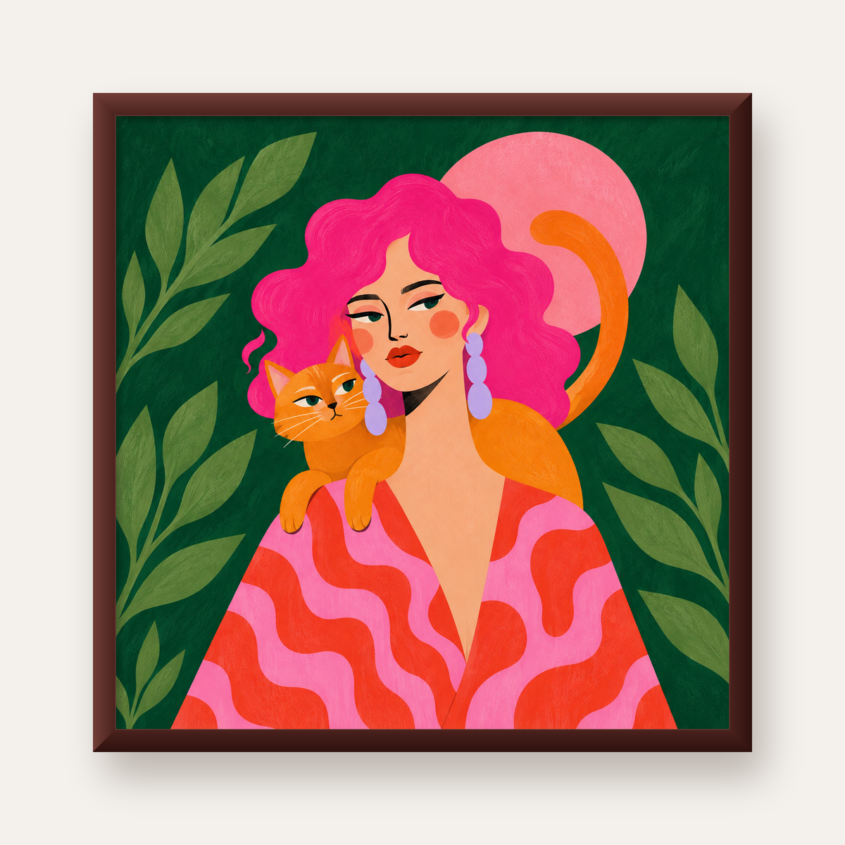 Pembe Saçlı Kadın ve Turuncu Kedi İllüstrasyon Poster — ceviz çerçeveli