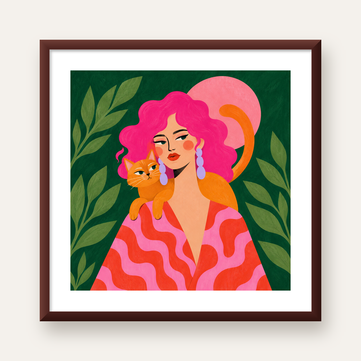Pembe Saçlı Kadın ve Turuncu Kedi İllüstrasyon Poster — ceviz çerçeveli paspartulu