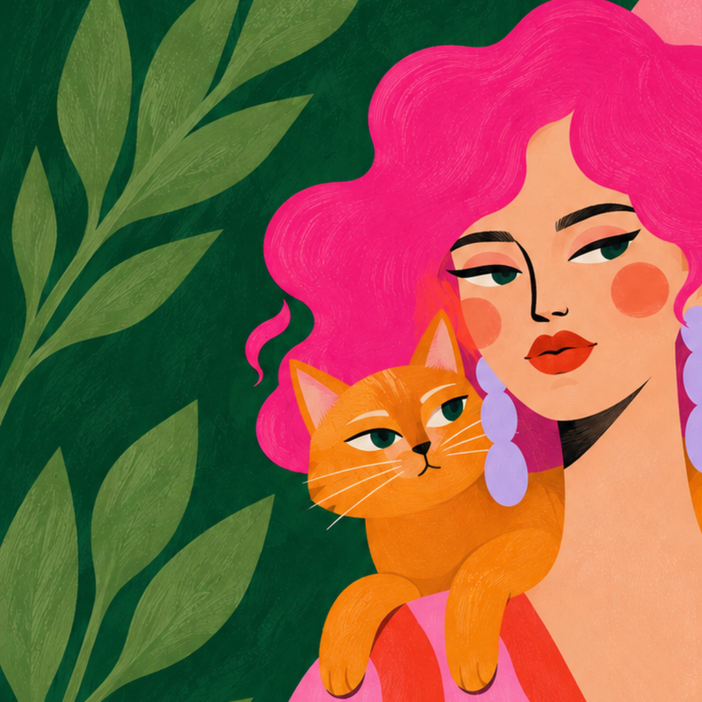 Pembe Saçlı Kadın ve Turuncu Kedi İllüstrasyon Poster — baskının yakın çekimi, kâğıt dokusu ve renk detayı