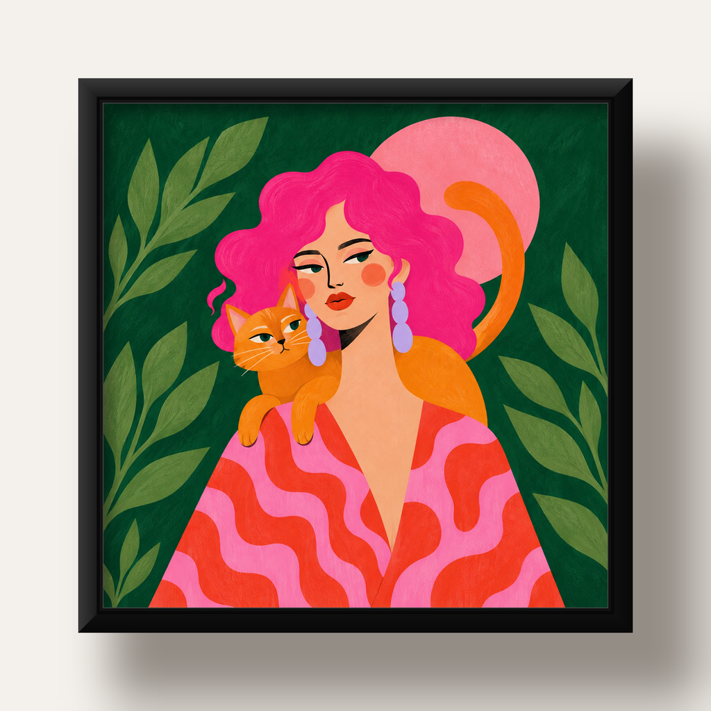 Pembe Saçlı Kadın ve Turuncu Kedi İllüstrasyon Poster — siyah derin çerçeveli