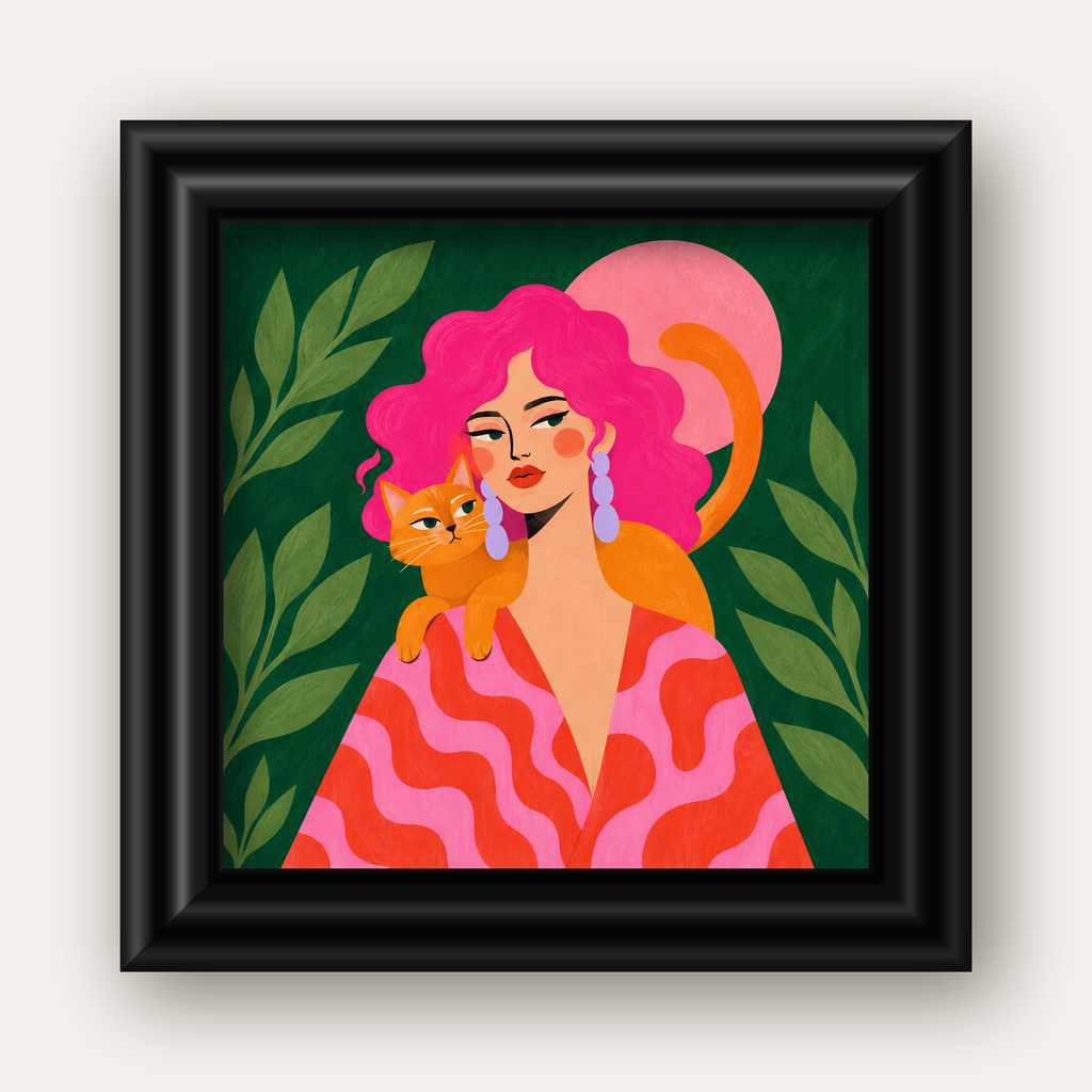 Pembe Saçlı Kadın ve Turuncu Kedi İllüstrasyon Poster — siyah galeri çerçeveli
